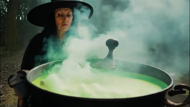 Horizontal video, Halloween, woman dressed in witch costume with hat, brewing magic potion