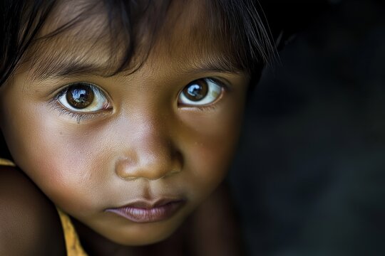 An intimate close-up shot of a child with large, expressive eyes, reflecting innocence and curiosity.