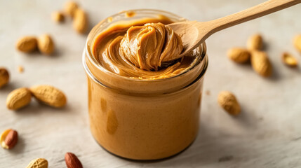  creamy peanut butter in a glass jar with spoon