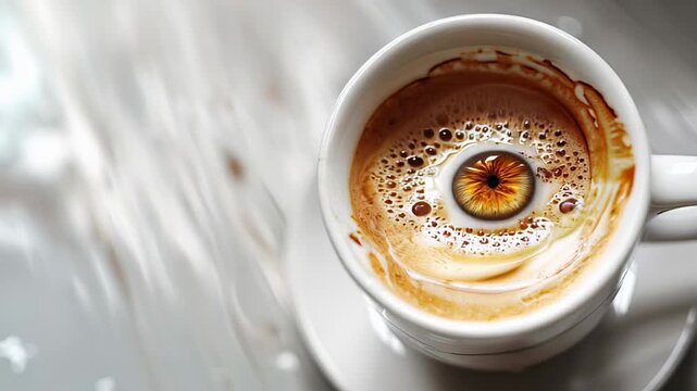 Hot coffee espresso with eye on light background. Copy space. Top view. Slow motion