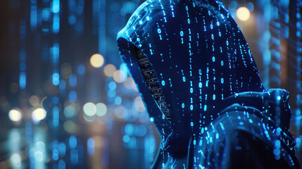 Hooded figure in dark environment with binary code overlay and blurred lights in the background. Possible uses include cyber security concepts, technology themes, and hacker imagery.