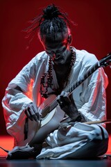 Fototapeta premium Flamenco dancer with guitar performing under red lighting