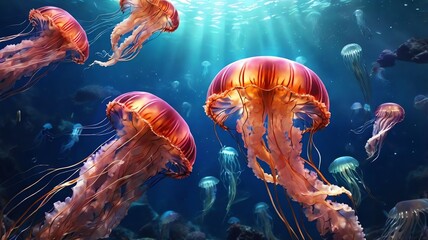 A group of jellyfish swimming in the ocean. They are pink and orange with long trailing tentacles.