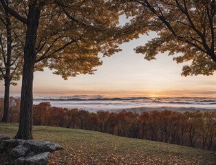 A beautiful autumn day with a foggy mountain in the background
