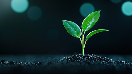 A vibrant green seedling emerging from dark soil, symbolizing growth and renewal in a serene, softly lit environment.