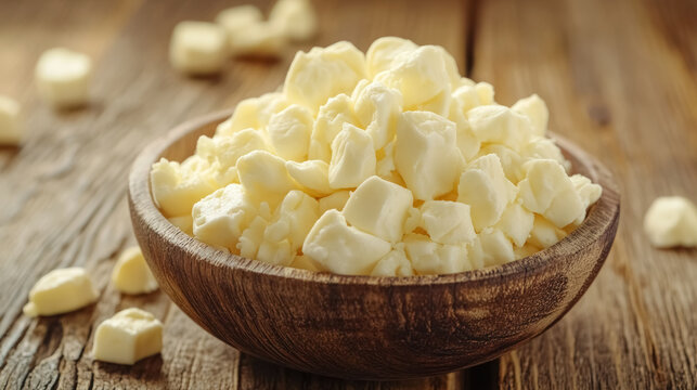 fresh cheese curds in rustic wooden bowl on wooden table