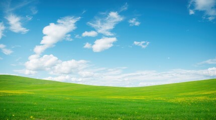 Fototapeta premium Bold lush mountains beneath a sunny cerulean sky lustred with fluffy white clouds 