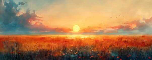A painting of a field with a sun in the sky