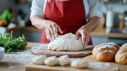 The image showcases the process of mixing dough by hand in a bright kitchen, capturing the beauty and tradition of home baking with various ingredients and baked goods in the frame.