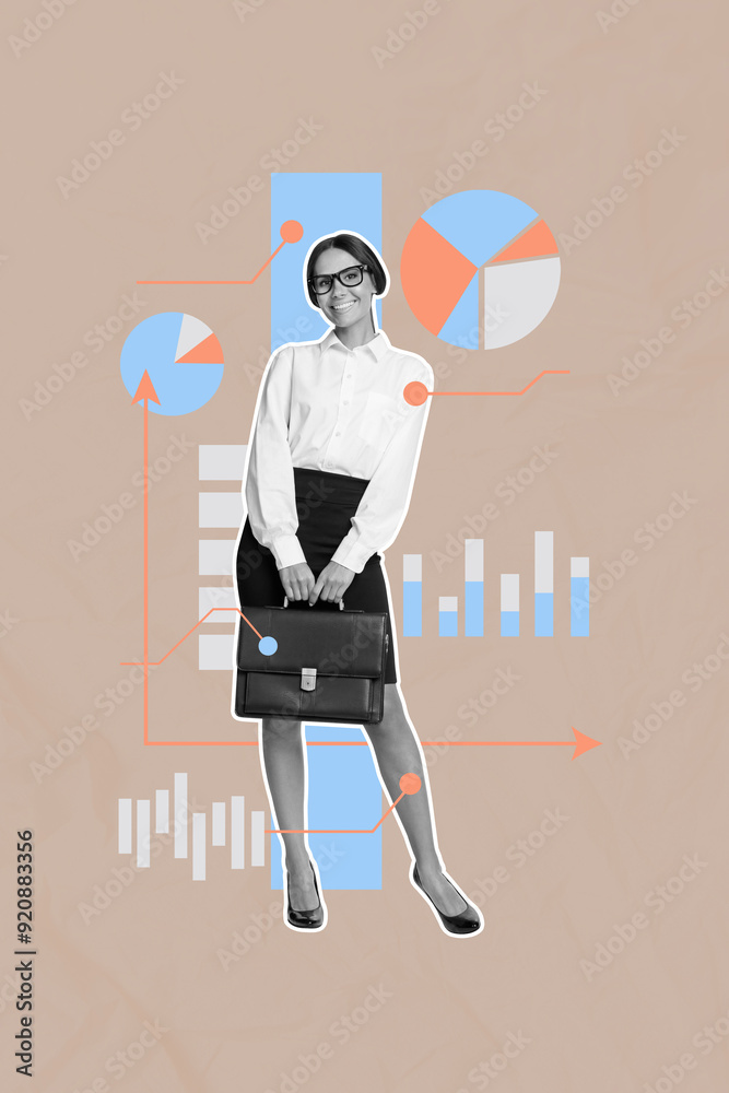 Poster Composite trend artwork sketch 3D photo collage of beige backdrop workspace interface young lady stand smile stats project result diagram