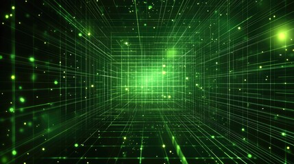 Fototapeta premium Green wireframe matrix cube for digital concept for future innovation. Abstract futuristic structure with points. Rectangle perspective background. Virtual reality illustration