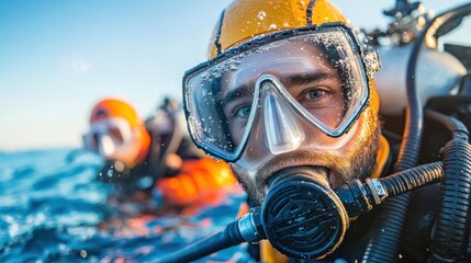 A focused scuba diver, wearing a helmet and diving gear, immersed in the ocean during daylight, alongside another diver, both exploring the underwater world.