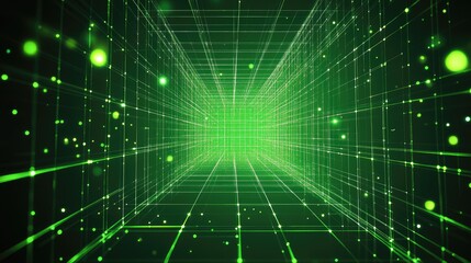 Obraz premium Green wireframe matrix cube for digital concept for future innovation. Abstract futuristic structure with points. Rectangle perspective background. Virtual reality illustration