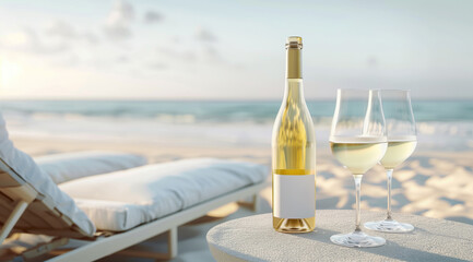 White wine with blank label on the table a sandy beach with the sunset ocean in the background