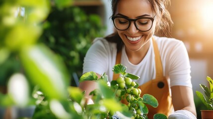 A woman wearing glasses and a yellow apron smiles as she tends to indoor plants. The image captures the joy of indoor gardening and personal fulfillment.