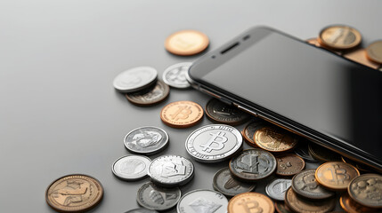 High Quality Image: Detailed Smartphone and Digital Coins on White Background   Perfect for Incorporating Text or Design Elements   Technology and Finance Concept