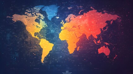 Fototapeta premium Vibrant World Map with Gradient Color Scheme Transitioning from Warm to Cool Tones