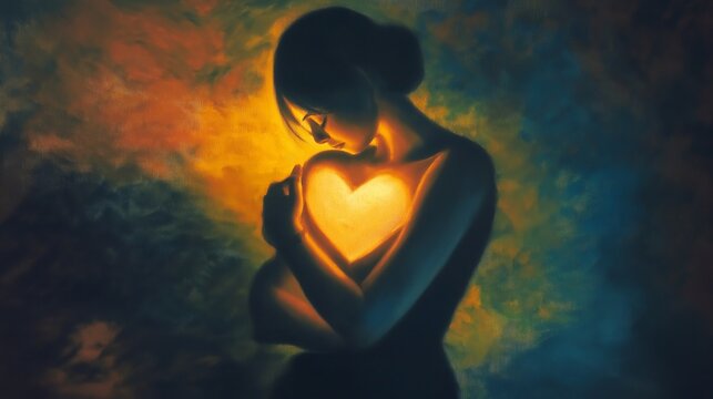 Woman silhouette hugging glowing warm heart in chest for self love concept