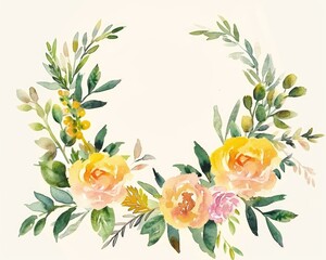 Obraz premium Botanical Elegance: Floral Wreath of Roses and Herbs in Watercolor Style