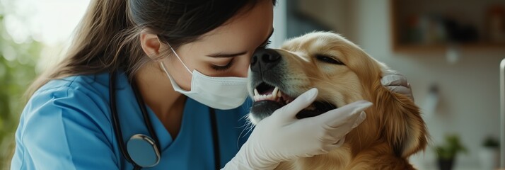 Compassionate and dedicated Veterinarian providing care and treatment for a playful Golden Retriever in a welcoming clinic environment where pets receive attention and health assessments