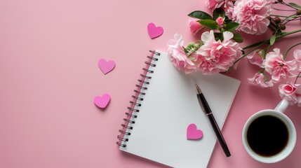 International Women's Day: a touch of elegance. Top view shot of pink paper hearts, notepad with a pen, flowers, coffee cup on pink background with space for messages and dedications