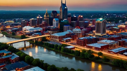 Obraz premium A city skyline with a river flowing through it. There are many tall buildings lit up at sunset.