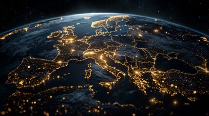 Europe Night View from Space with Illuminated Cities and Borders