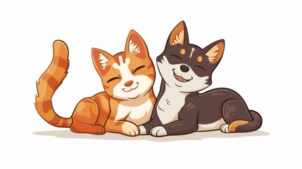 Fototapeta premium Lovely Cat And Dog Cartoon. Animal Nature Icon Concept Isolated Premium Vector. Vector Illustration,