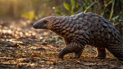 Obraz premium A pangolin walking on a dirt path in a forest