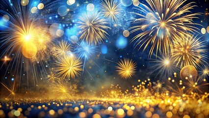 Fototapeta premium This captivating scene features a mesmerizing interplay of golden fireworks and shimmering blue bokeh lights, creating a visually striking backdrop for your New Year's Eve projects.