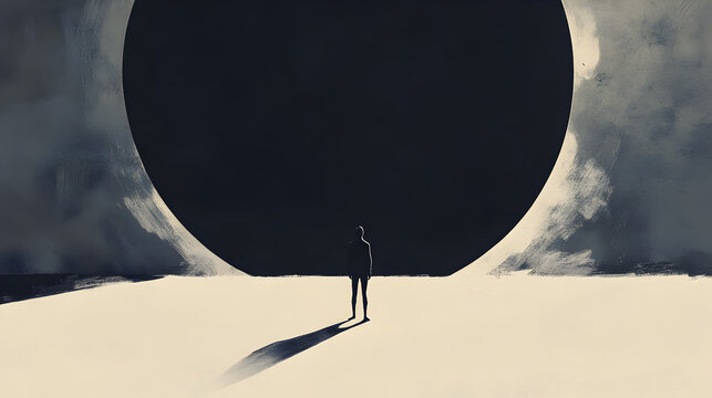 A minimalist illustration of a person standing in front of a large, dark void, symbolizing feelings of emptiness and existential dread.


