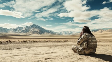A female soldier sits in a meditative pose in a vast desert landscape.