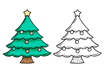 Cartoon fruits, funny drawn christmas tree with contour lines isolated on transparent background. Simple Christmas Clip Art, Printable christmas tree Coloring Page. Simple coloring book for children.