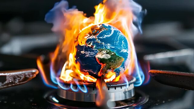 Burning globe on gas stove illustrates global warming concept