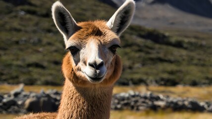 Obraz premium A close-up of a brown and white llama looking