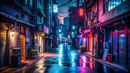 Fototapeta premium This image showcases a dark street illuminated by neon signs. It highlights the quiet moments before the night unfolds, where the empty spaces hold the promise of energy and excitement.