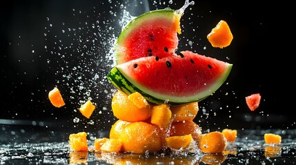 Watermelon Smashing into Orange Fruit Explosion