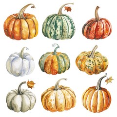Colorful Autumn Harvest. Hand-drawn Watercolor Pumpkin Garden Illustration for Festive Invitation Card