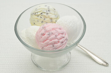 Different scoops of ice cream in a glass bowl, close up, isolated on white background