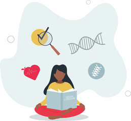 Health literacy and medical healthcare education book .Reading about medicine, disease.flat design with people.