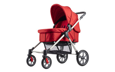 Red child stroller or perambulator object isolated on transparent background. Baby carriage or pushchair with wheels