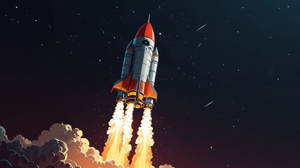 Naklejka premium A rocket is launching into space, with flames and smoke billowing from its engines. 