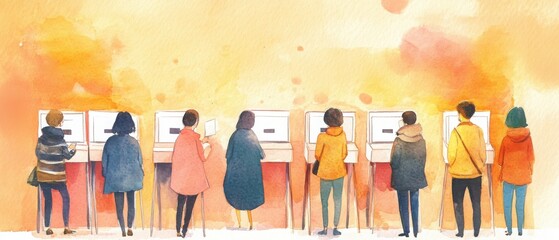 A colorful illustration of people standing at voting booths, showcasing civic engagement and the democratic process.