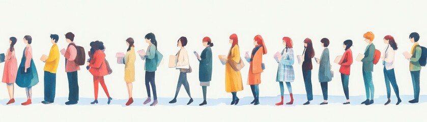 Obraz premium A diverse group of people standing in a line showcasing unique fashion styles and vibrant colors, reflecting individuality and unity.