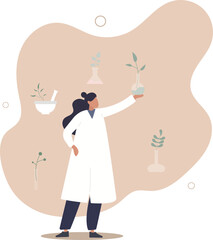 Cosmetic laboratory with herbal skincare product creation.Chemist natural flora research for makeup industry.flat design with people.
