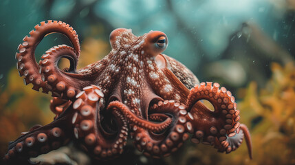 Fototapeta premium Detailed close-up of a mimic octopus, Thaumoctopus mimicus, displaying intricate skin patterns.