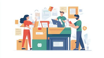 Obraz premium A vibrant illustration of workers organizing packages and paperwork at a busy office, showcasing teamwork and productivity.
