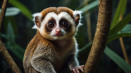 Obraz premium A small, furry primate with large eyes, brown and white fur, and a pink nose is sitting on a tree branch.