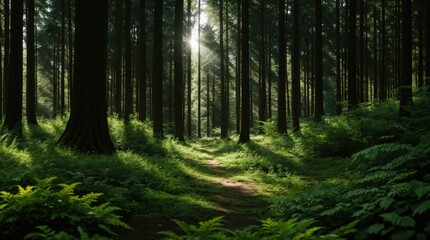 Naklejka premium Bright sunbeams piercing through verdant forests revealing path surrounded by tall trees and ferns 