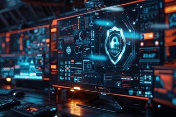Obraz premium A futuristic digital workspace displaying cybersecurity data and analytics.